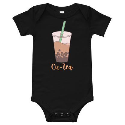 Black baby bodysuit with a boba bubble tea cup illustration and the word 'Cu-Tea'