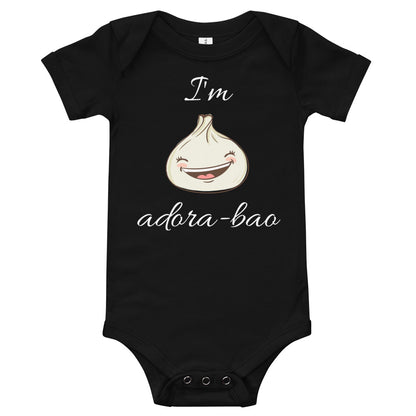 Black bodysuit with a smiling bao bun and the script words 'I'm adora-bao'