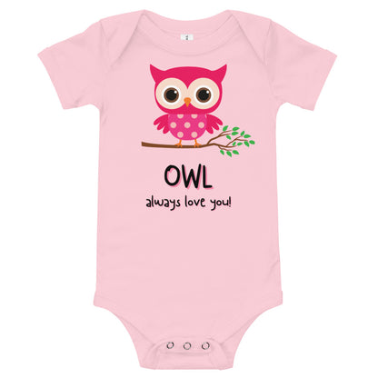 Pink baby bodysuit with a red cartoon owl on a branch and the words 'OWL always love you'