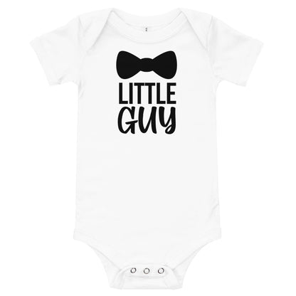White baby bodysuit printed with 'Little Guy' in bold black letters under a black bow tie
