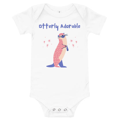 White baby bodysuit with a pink otter illustration, small hearts and the words 'Otterly Adorable'