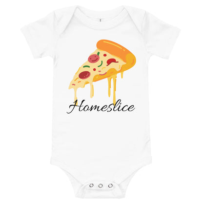 White bodysuit with a cheesy pepperoni pizza slice and the word 'Homeslice' in script